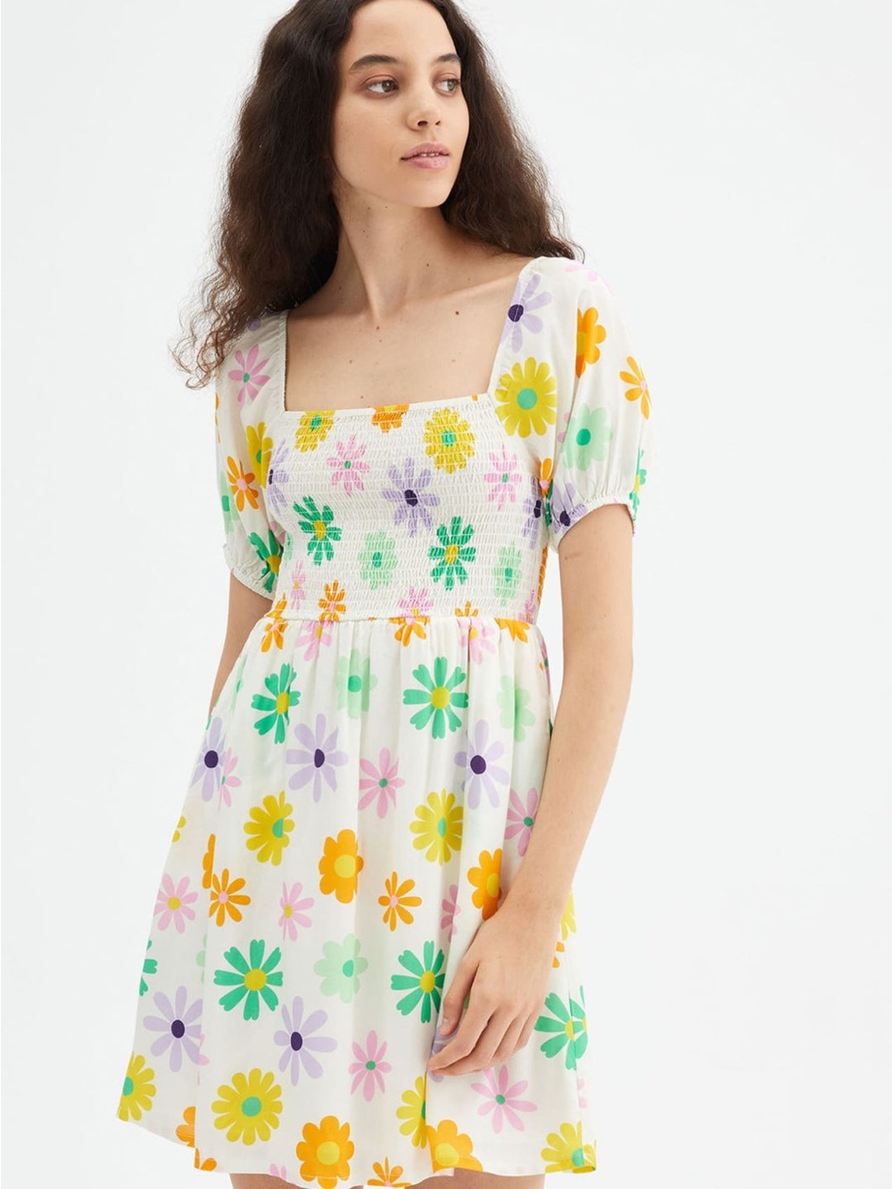 Compania Fantastica White Groovy Retro Floral Puff Sleeve Smocked Mini Dress